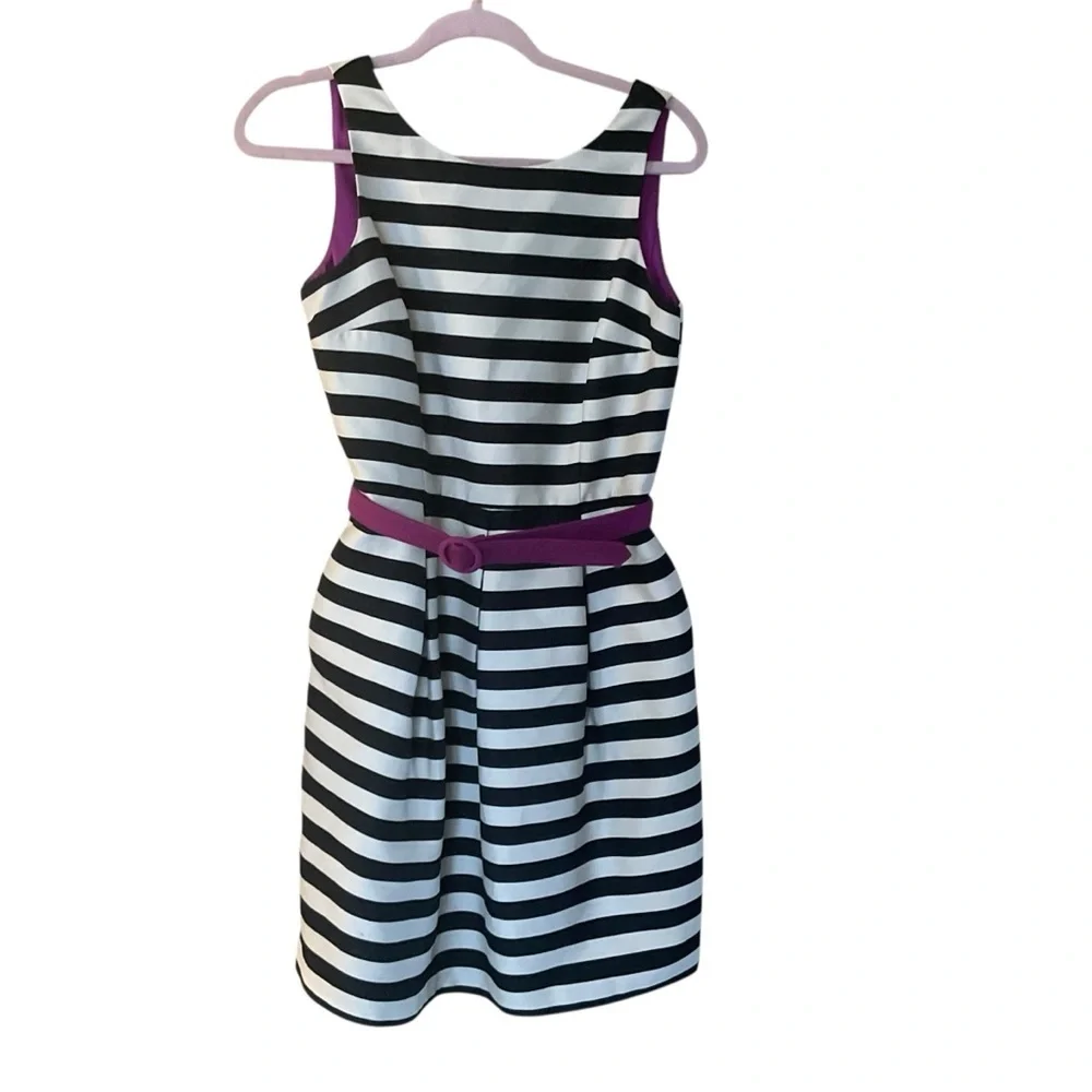 White House Black Market Black White Striped Fit & Flare Dress Purple Belt - Picture 2 of 9